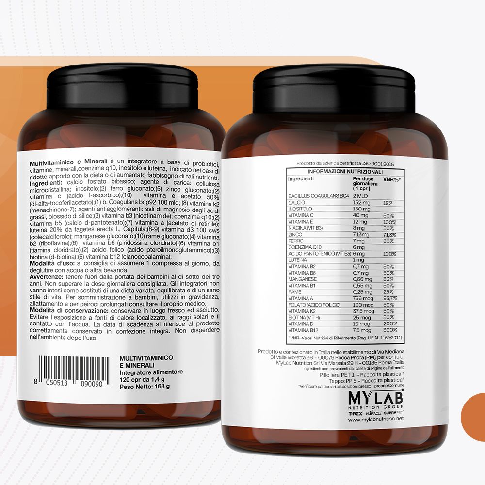 Flaconi in vetro marrone con capsule multivitaminiche e minerali, etichette con informazioni nutrizionali.