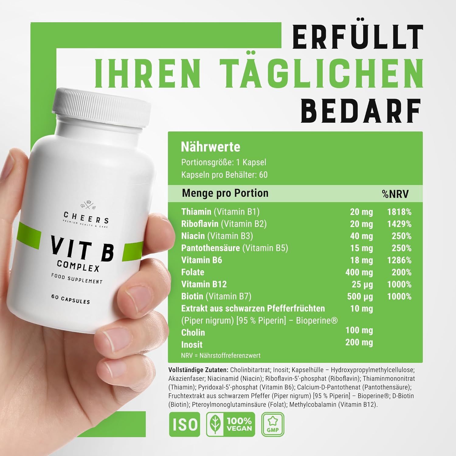 Mano tiene flacone Vitamina B Complex. Tabella nutrizionale con valori B. ISO, 100% vegano, GMP.