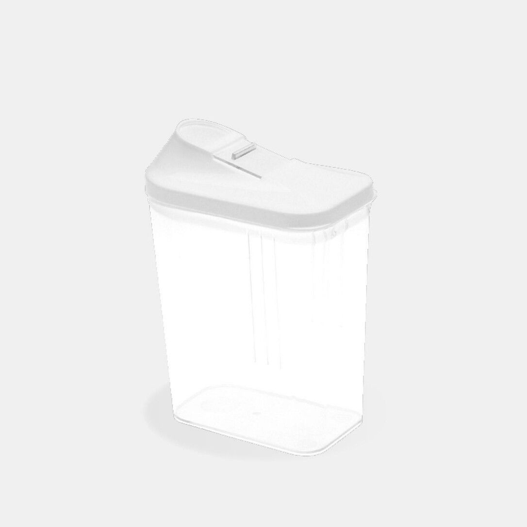 Contenitore trasparente con coperchio bianco. Forma rettangolare, leggermente inclinata. Coperchio con apertura e chiusura. Plastica.