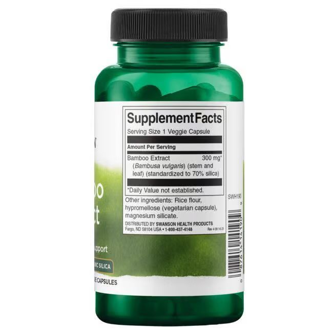 Retro di un flacone verde. Scritta: Supplement Facts. Contiene Bamboo Extract. Ingredienti e informazioni nutrizionali.