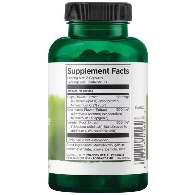 Retro di una bottiglia verde. Scritta: Supplement Facts. Contiene estratti di luppolo, camomilla e radice di valeriana.
