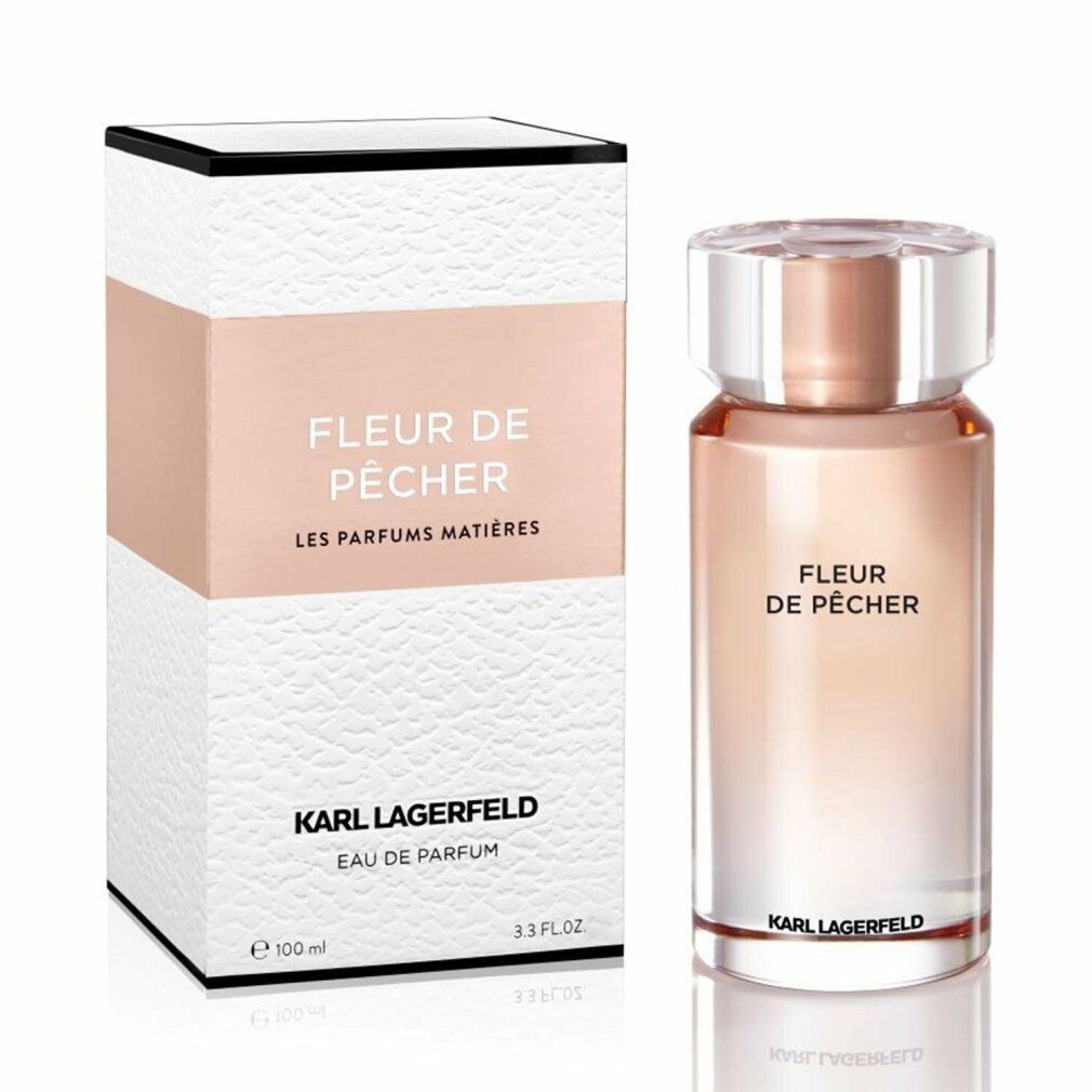 Spray Eau de Parfum Fleur de Pêcher. Flacone e confezione. Sfumatura rosa, tappo trasparente. Logo Karl Lagerfeld.