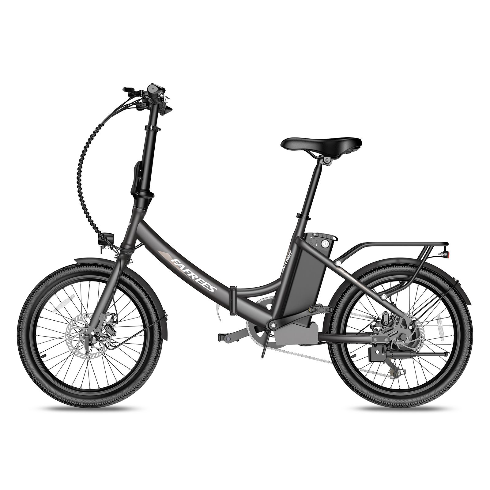 E-bike pieghevole nera, con portapacchi e batteria. Marchio Fafrees.
