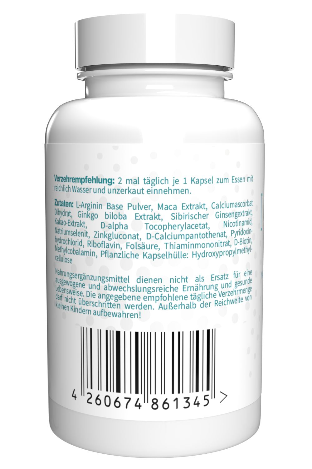 Flacone bianco di capsule con etichetta. Ingredienti e codice a barre visibili. Testo: Integratore alimentare. Contiene L-Arginina, Ginkgo, ecc.