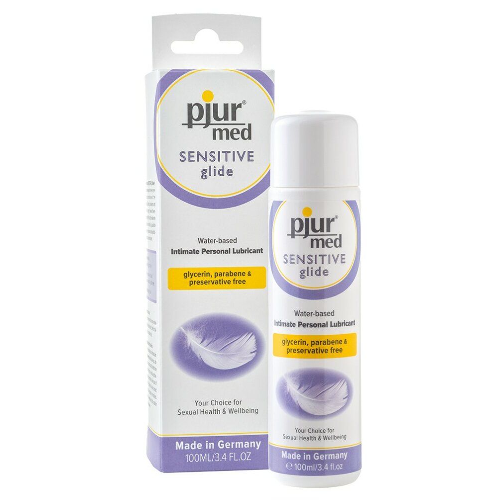pjur med Sensitive Glide, lubrificante personale. Flacone e confezione da 100 ml. A base d'acqua, senza glicerina, parabeni e conservanti.