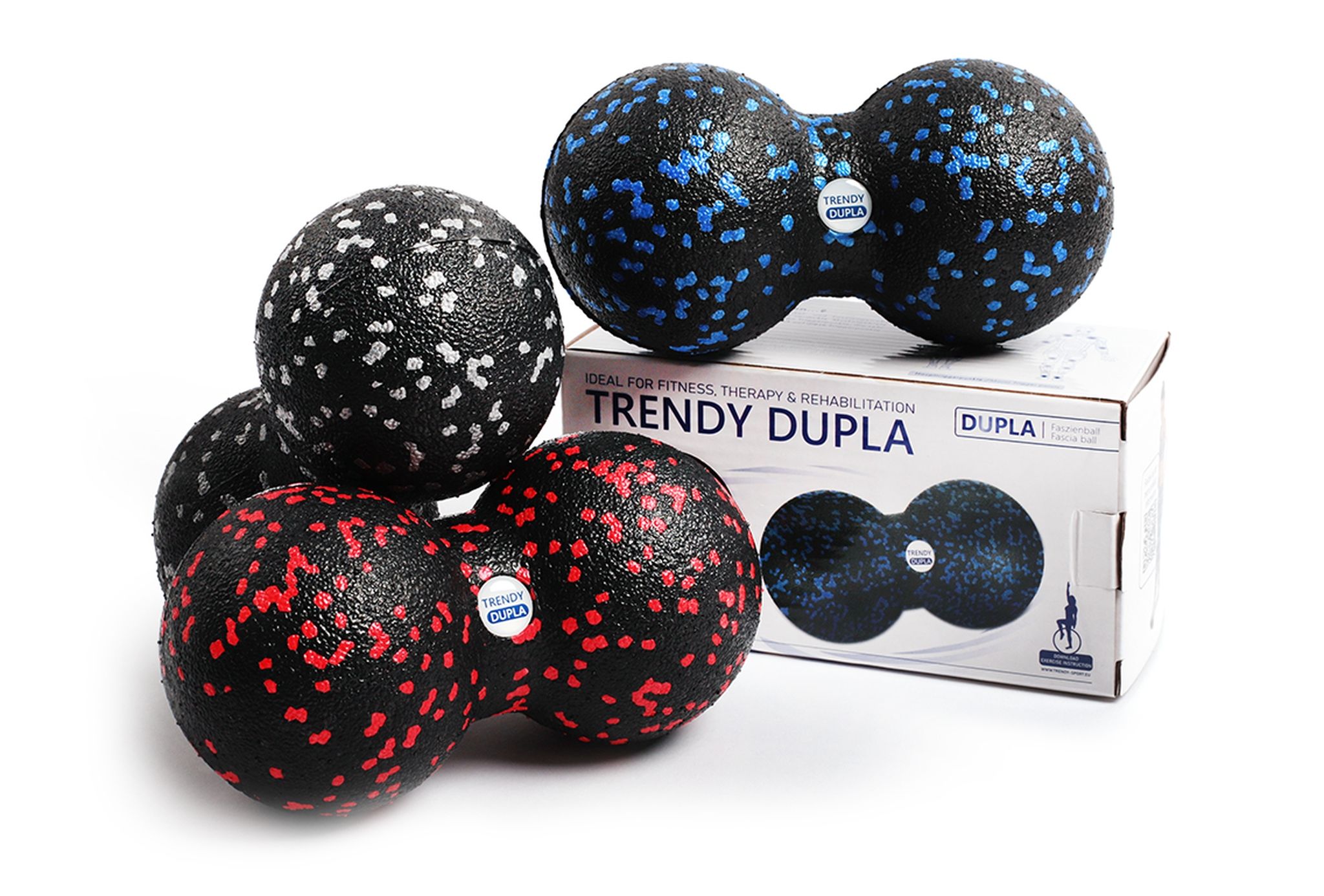 Diverse palline per fascia nere, rosse e blu. Scritta: Trendy Dupla. Confezione con immagine del prodotto.