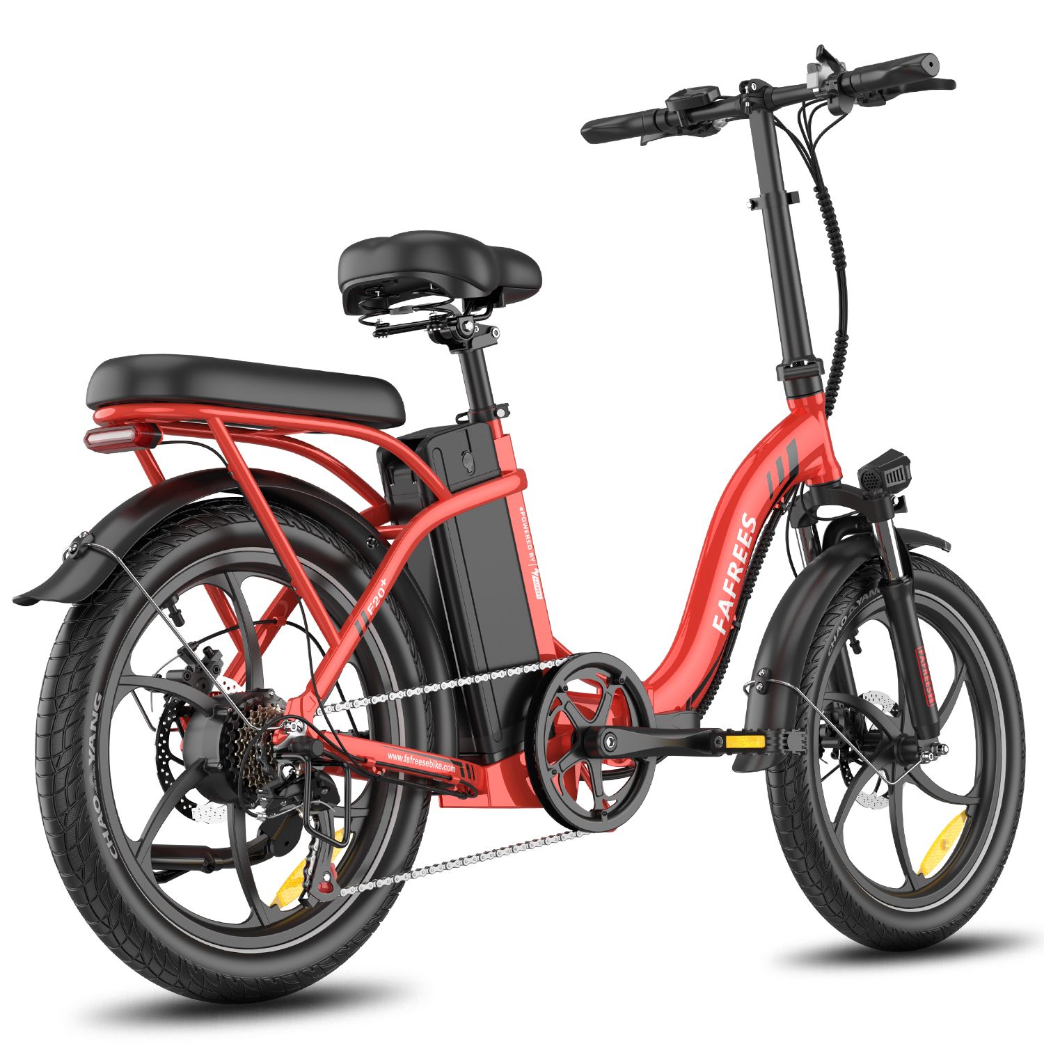 E-bike pieghevole Fafrees F20+ rossa. Pneumatici, sella e batteria neri. Marchio visibile.