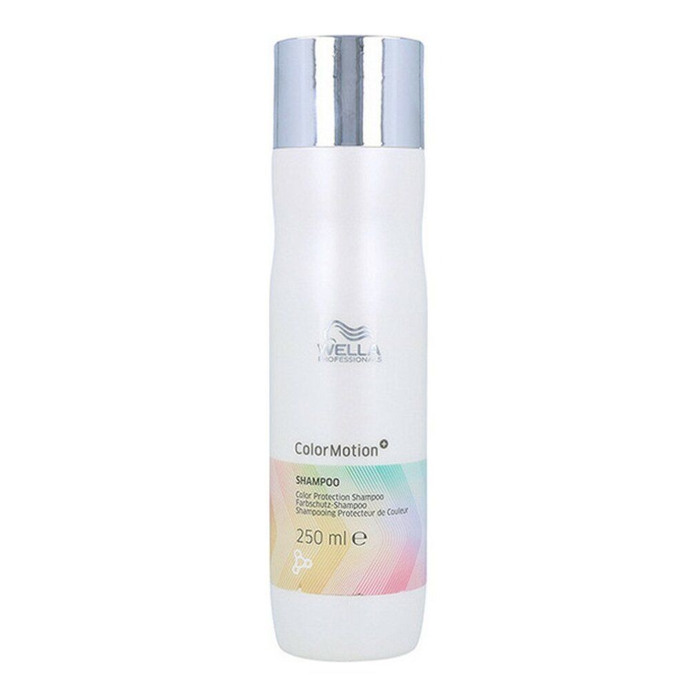Shampoo bianco con tappo argentato. Scritta: Shampoo, Wella, ColorMotion. Sfumatura di colori. 250 ml.