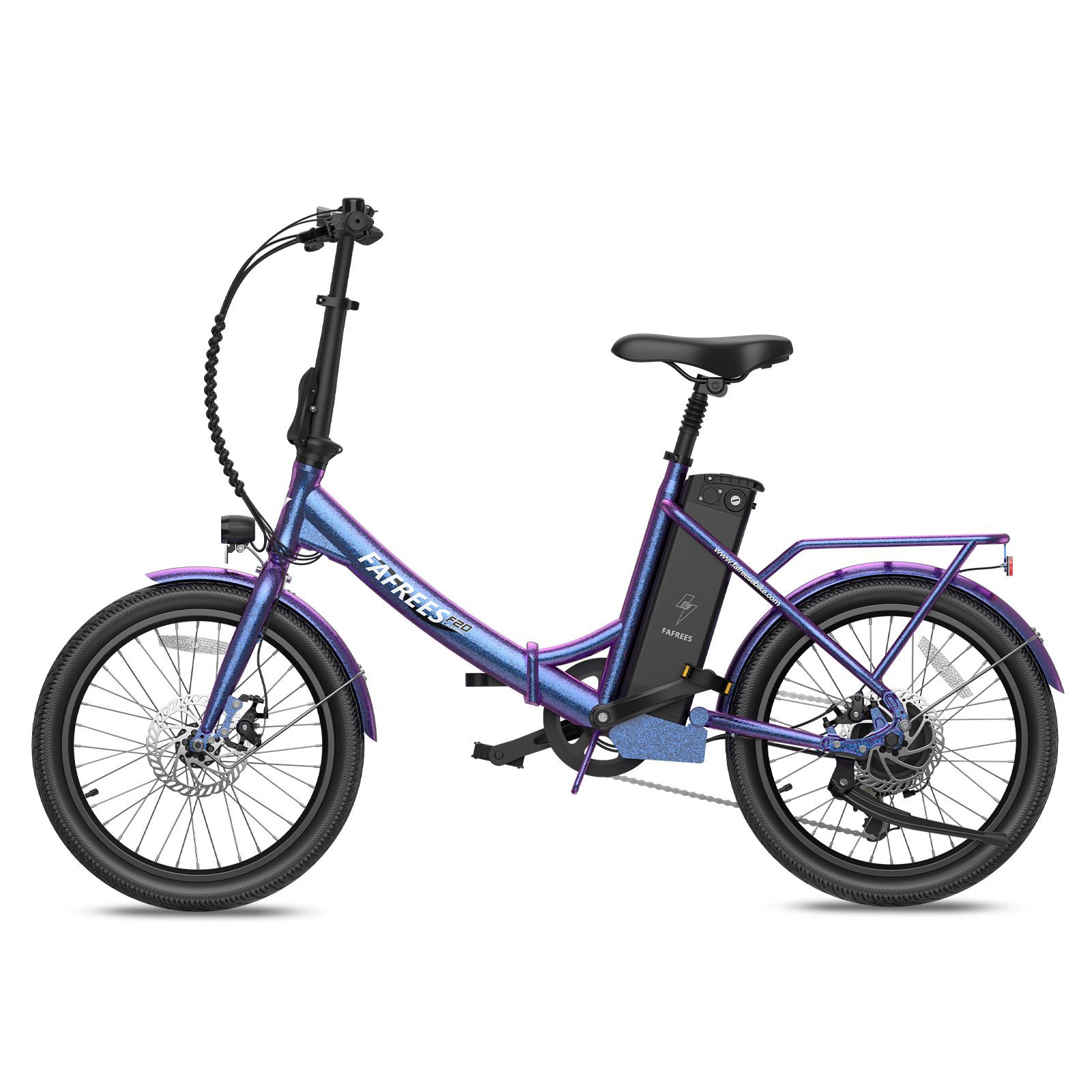 Bicicletta elettrica blu-viola con sella nera e portapacchi. Marchio FAFREES.