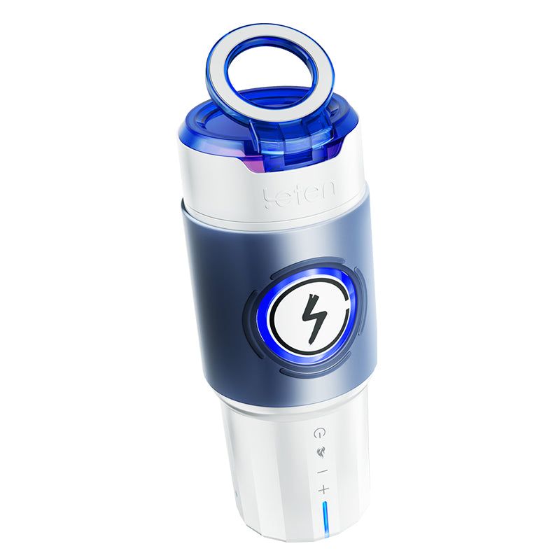 Dispositivo cilindrico blu e bianco. Anello blu e pannello comandi. Simbolo fulmine luminoso.