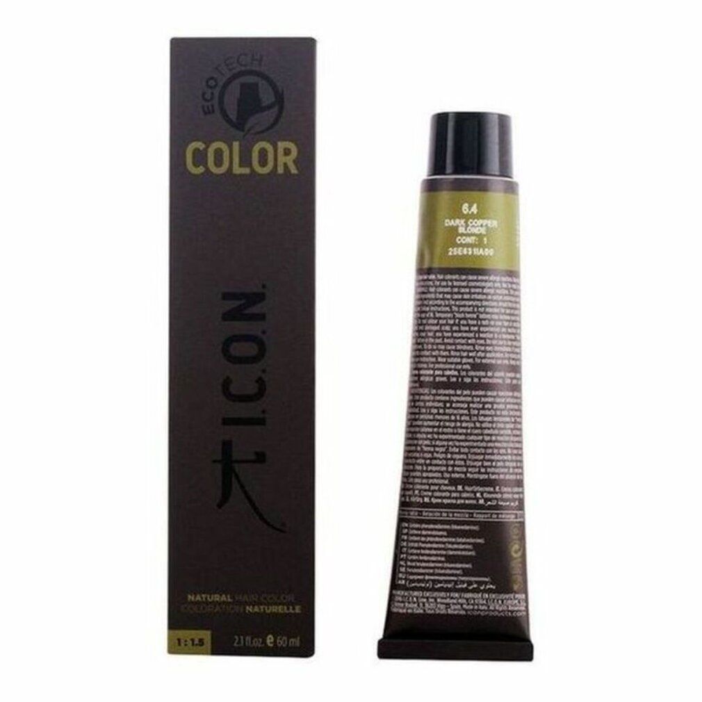 Tubo e scatola di tinta per capelli. Tubo con scritta 6.4, rame scuro. Scatola con scritta COLOR e logo I.C.O.N.