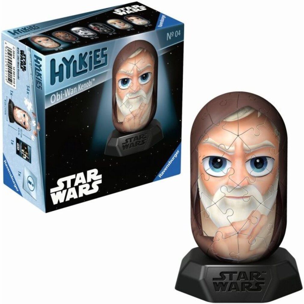 Confezione e puzzle 3D Obi-Wan Kenobi. Scatola Hylkies con logo Star Wars. Puzzle su base. Logo Ravensburger.