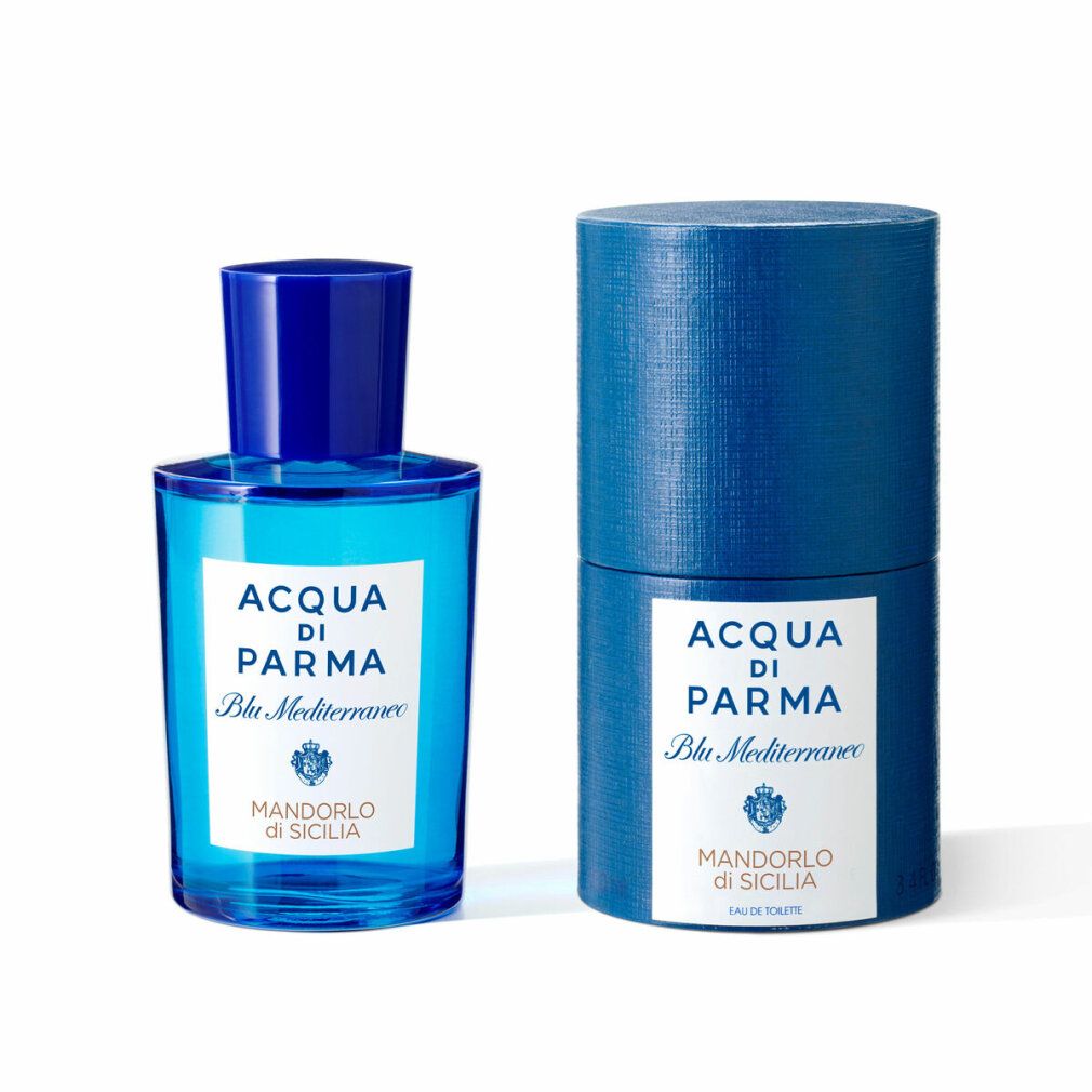 Flacone di profumo blu con tappo blu e confezione cilindrica. Scritta: ACQUA DI PARMA Blu Mediterraneo Mandorlo di Sicilia.