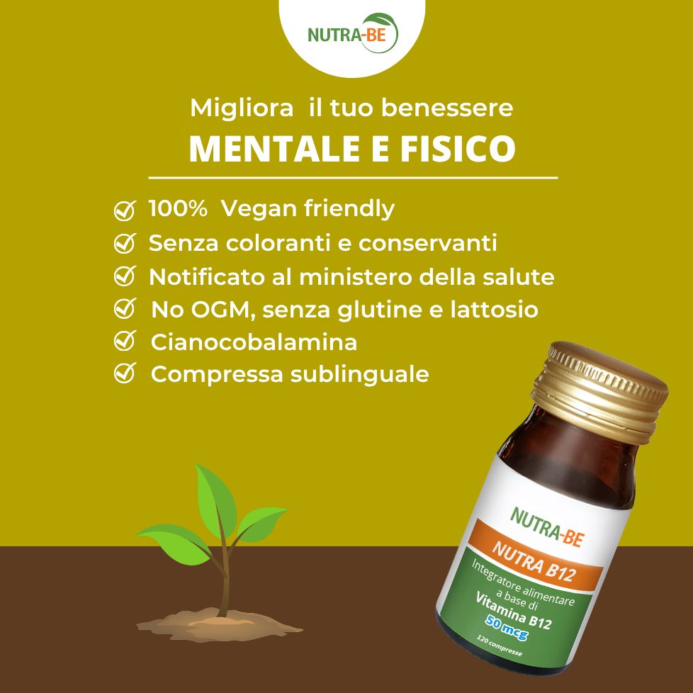 Flacone "Nutra-BE B12" su sfondo giallo. Testo italiano. Vegan, senza coloranti e conservanti. Compresse sublinguali.