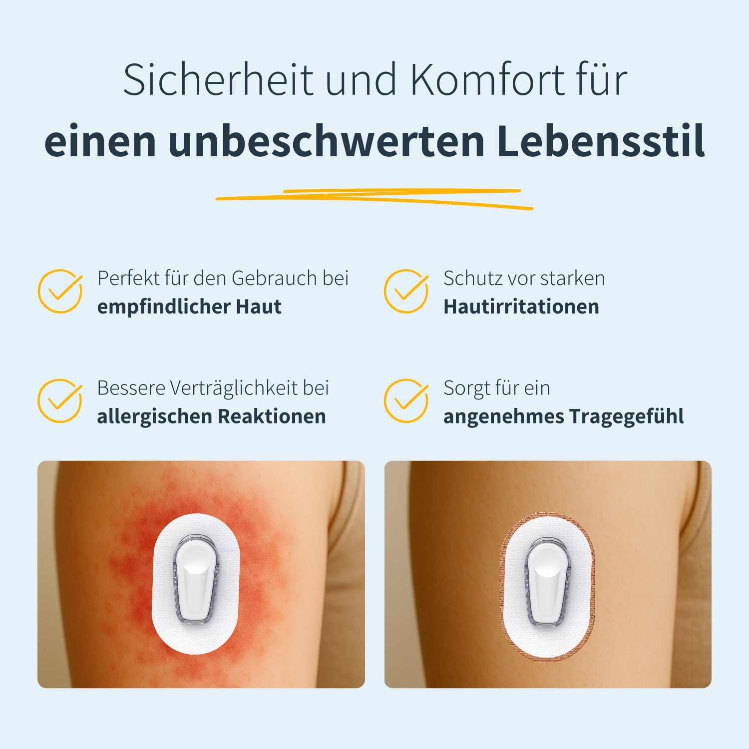 Due immagini mostrano un braccio con e senza cerotto. Il cerotto riduce l'irritazione cutanea. Testo: Sicurezza e comfort per uno stile di vita spensierato.