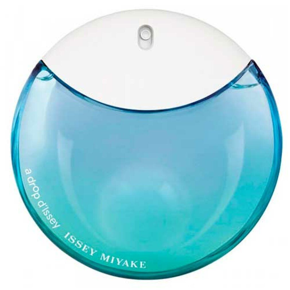 Flacone rotondo, tappo bianco, liquido blu-verde. Spruzzatore visibile. Scritta: a drop d'Issey, Issey Miyake.
