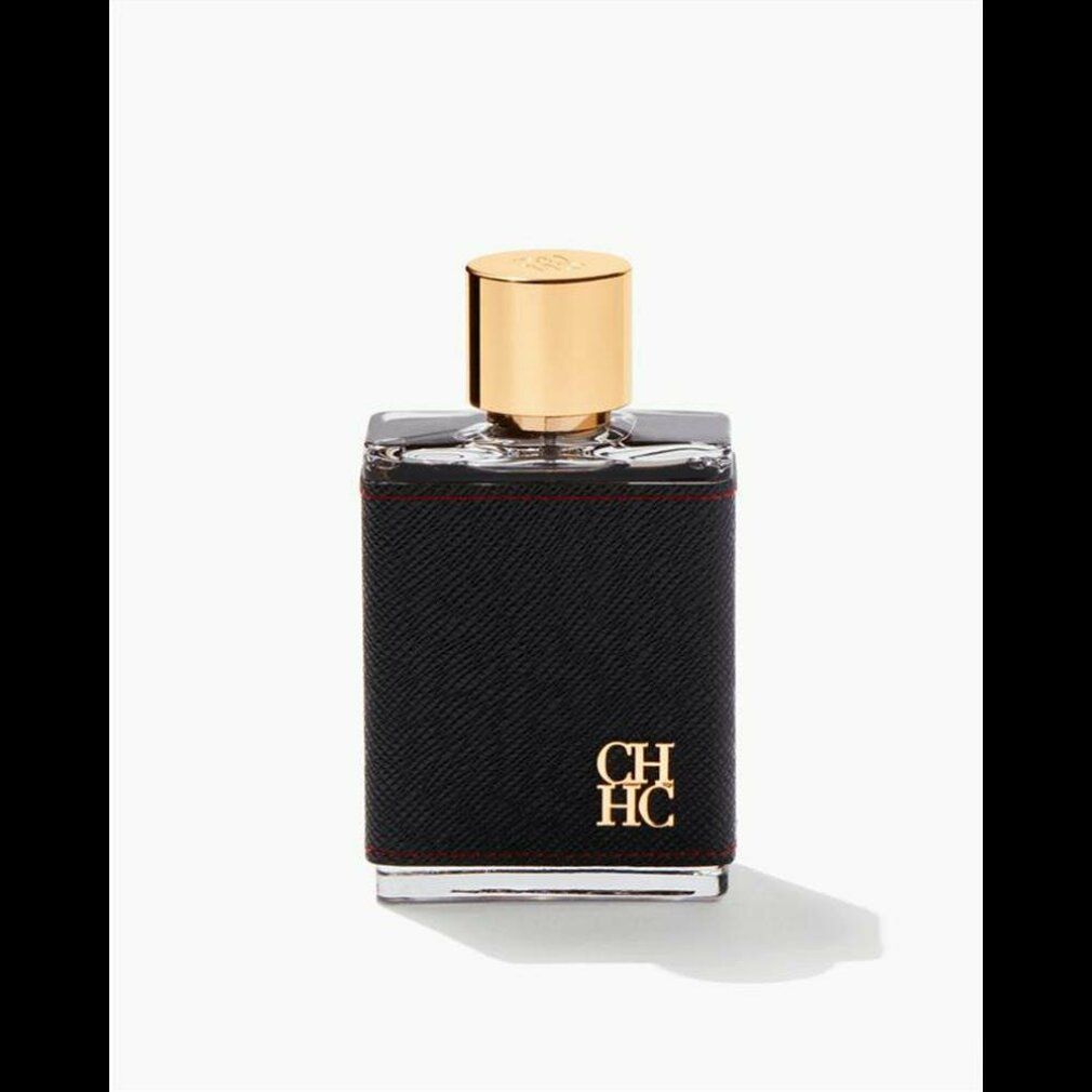 Flacone rettangolare con tappo dorato. Pelle nera con cuciture rosse e logo CH dorato.
