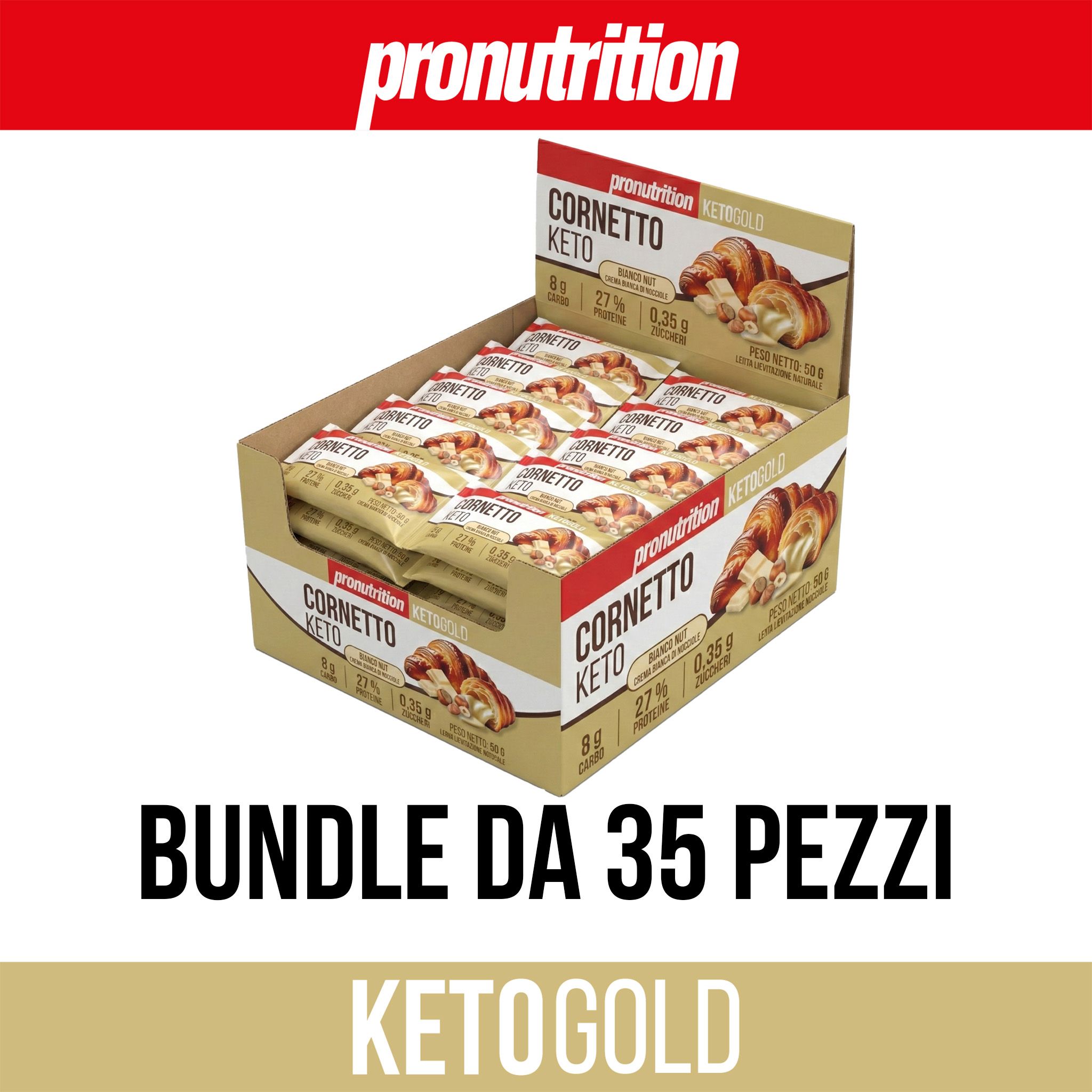 Scatola di Pronutrition Cornetto Keto. Scritto: Bundle da 35 pezzi. Ketogold.