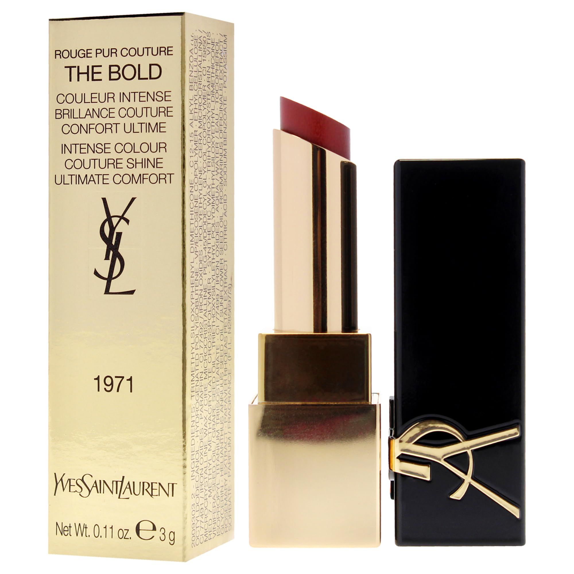 Rossetto rosso con confezione. Confezione dorata con nome del prodotto e logo YSL. Rossetto aperto.