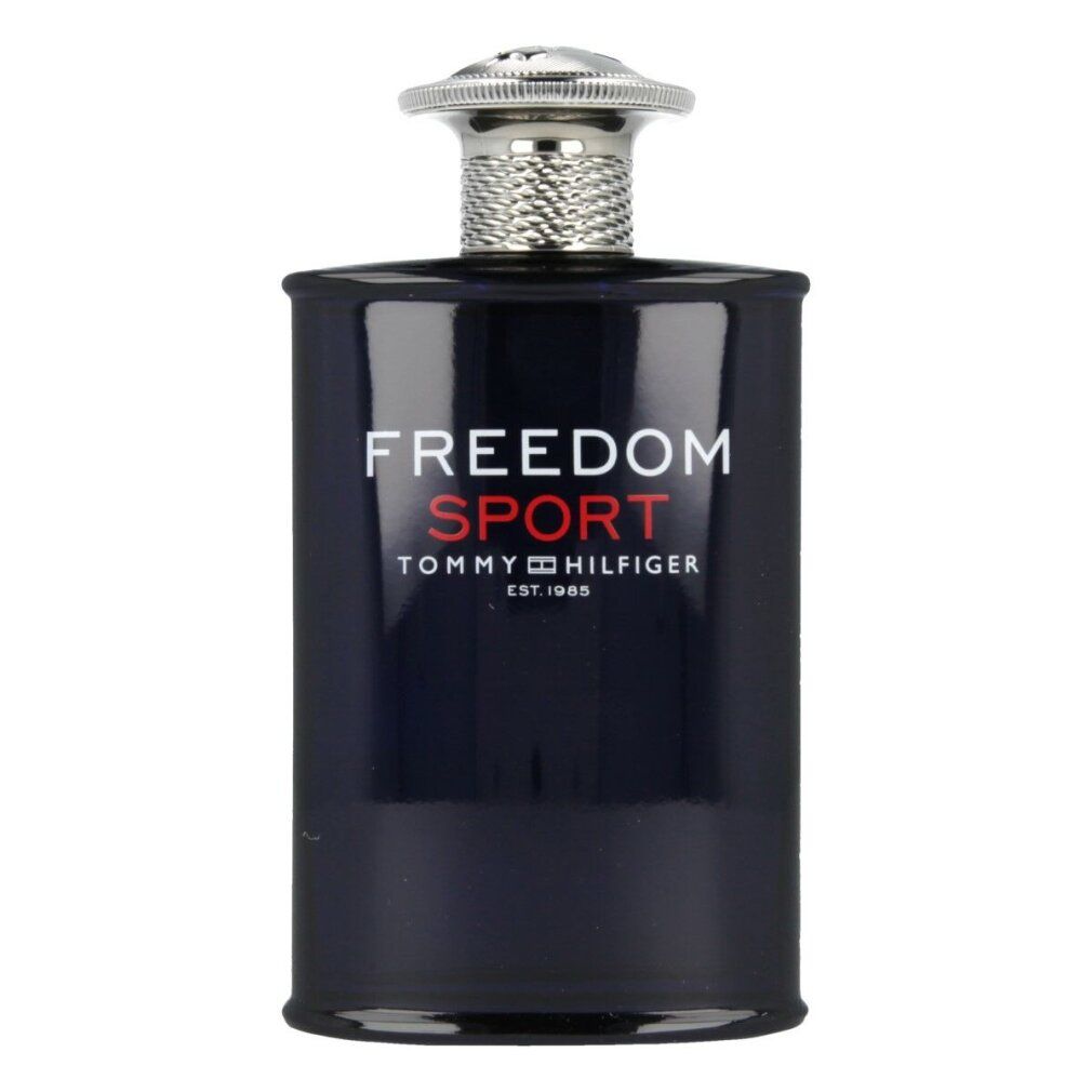 Flacone blu con tappo argentato. Scritta FREEDOM SPORT, TOMMY HILFIGER. Eau de Toilette Spray.