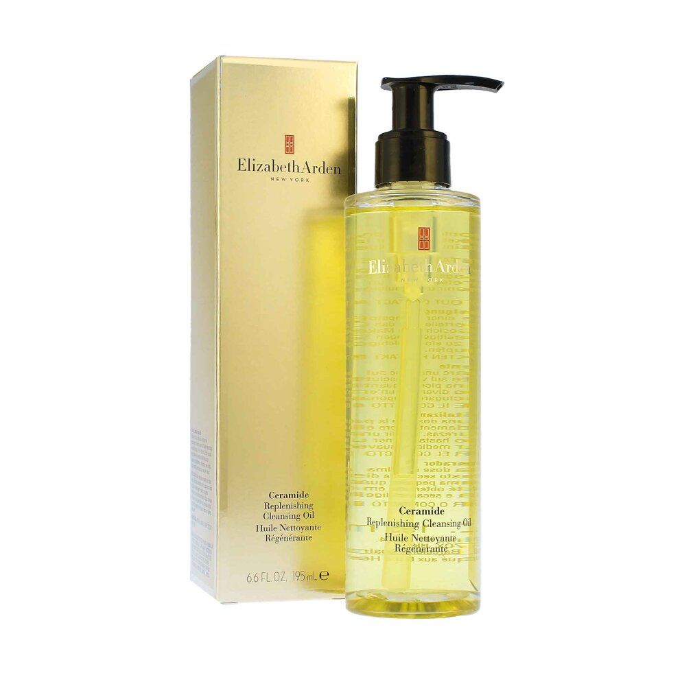 Olio detergente Elizabeth Arden Ceramide con confezione dorata. Flacone con dosatore nero. Nome e logo visibili.