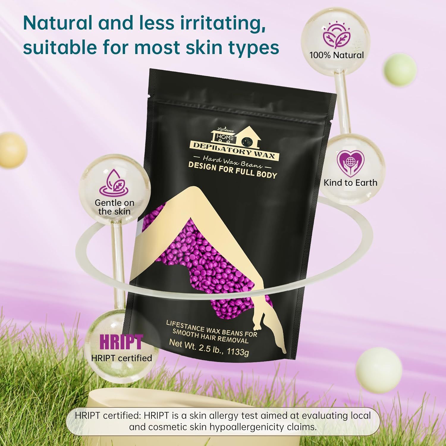 Confezione nera con perle di cera viola. Testo: Lifestance, Depilatory Wax, Design per tutto il corpo. 2.5 lb. Certificazione Hript.