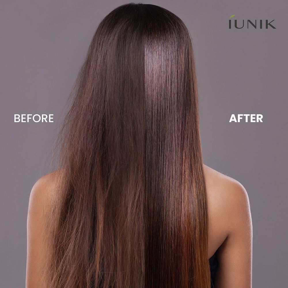 Vista posteriore di una persona con i capelli. A sinistra: capelli non curati. A destra: capelli lisci. Testo: BEFORE, AFTER. Marchio: IUNIK.