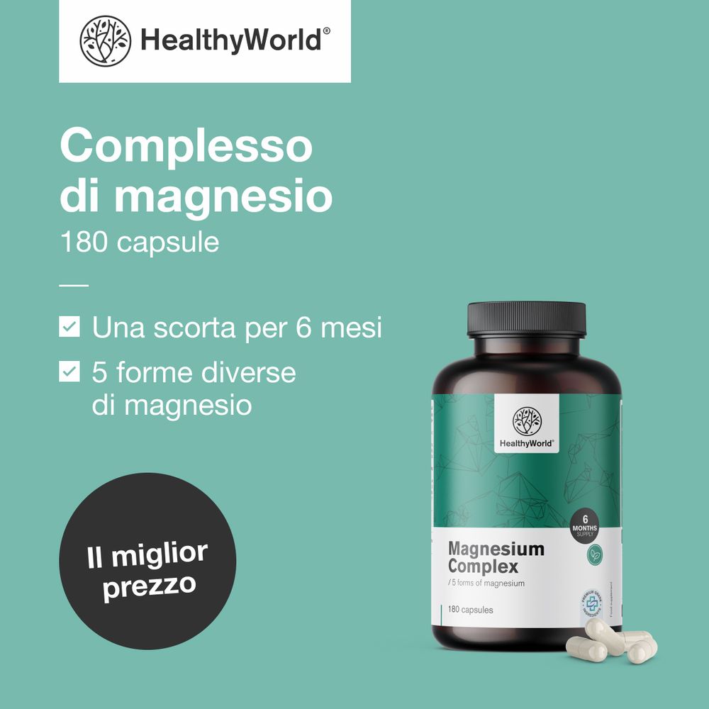 Immagine pubblicitaria con flacone e capsule. Testo: Complesso di magnesio, 180 capsule. Testo: I migliori risultati, Supporto dei muscoli, Aumento di energia.