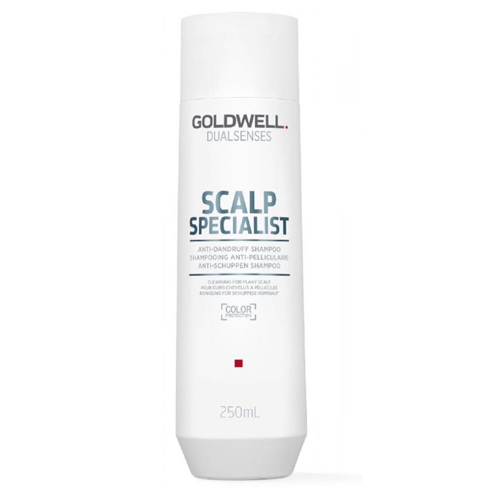Flacone di shampoo bianco con logo Goldwell e nome del prodotto. Testo: Shampoo antiforfora. 250 ml.
