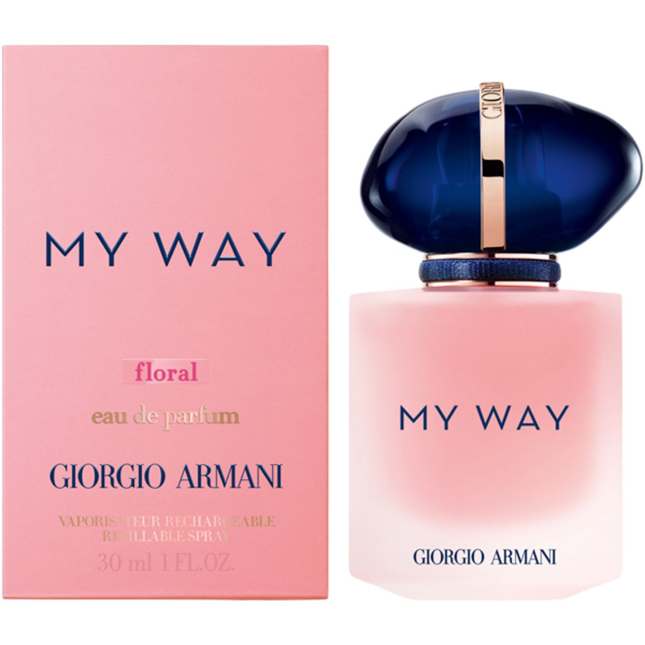 Flacone rosa con tappo blu. Scritta: MY WAY, floral, Giorgio Armani. Confezione rosa accanto.