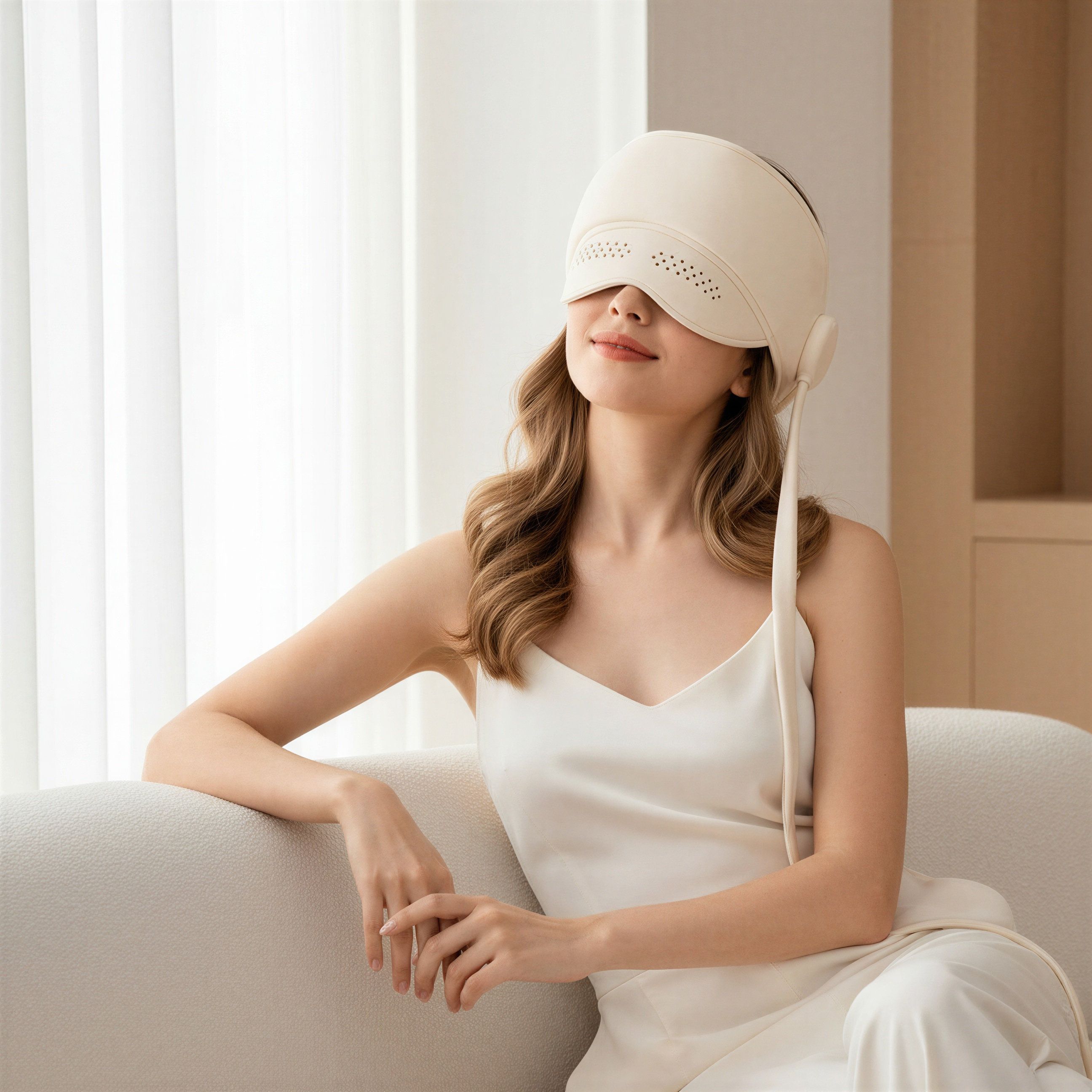 Una donna seduta con gli occhi chiusi indossa un dispositivo per il massaggio oculare bianco. Il dispositivo è collegato tramite un cavo.