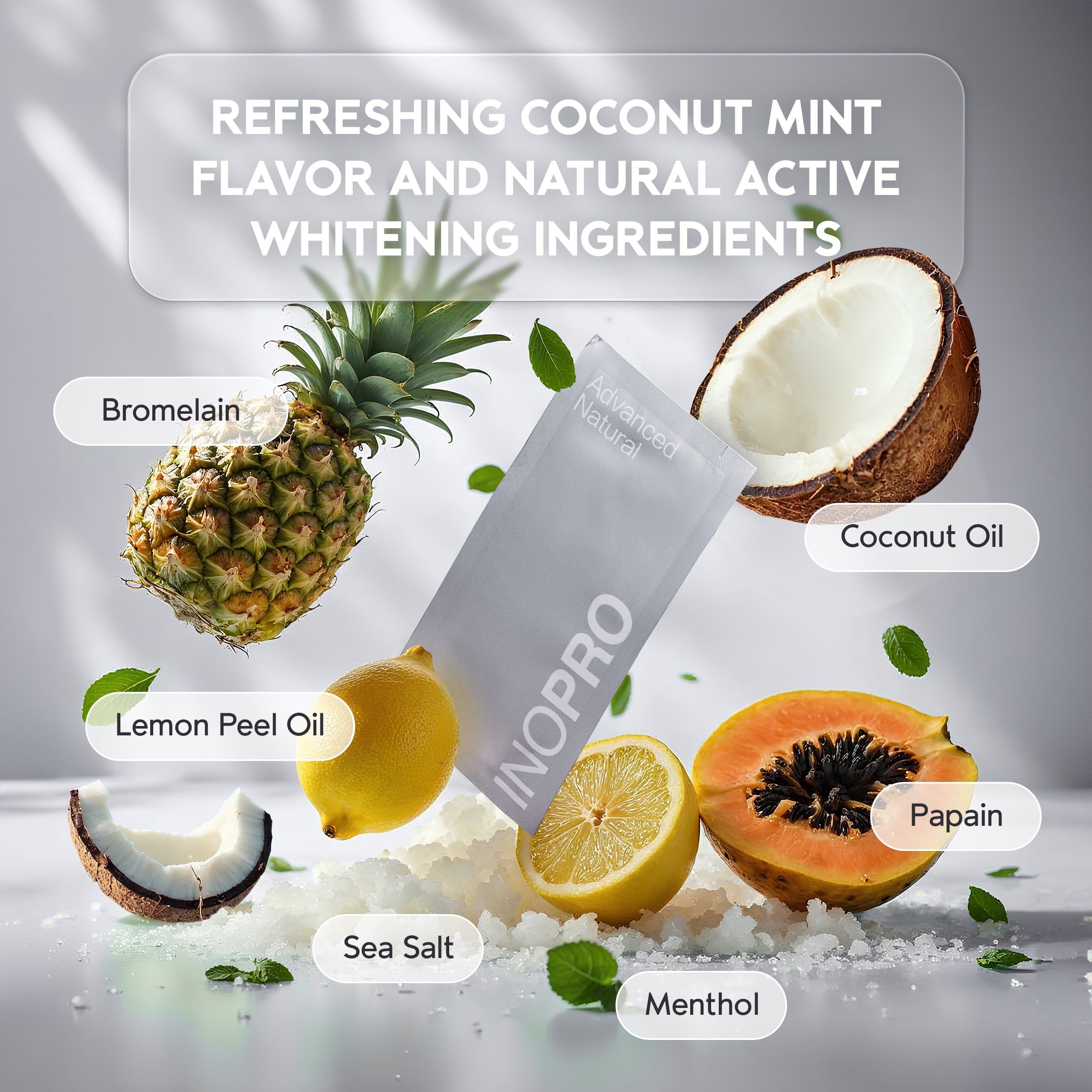 Strisce sbiancanti INOPRO al gusto cocco-menta, ingredienti naturali come bromelina e papaia.