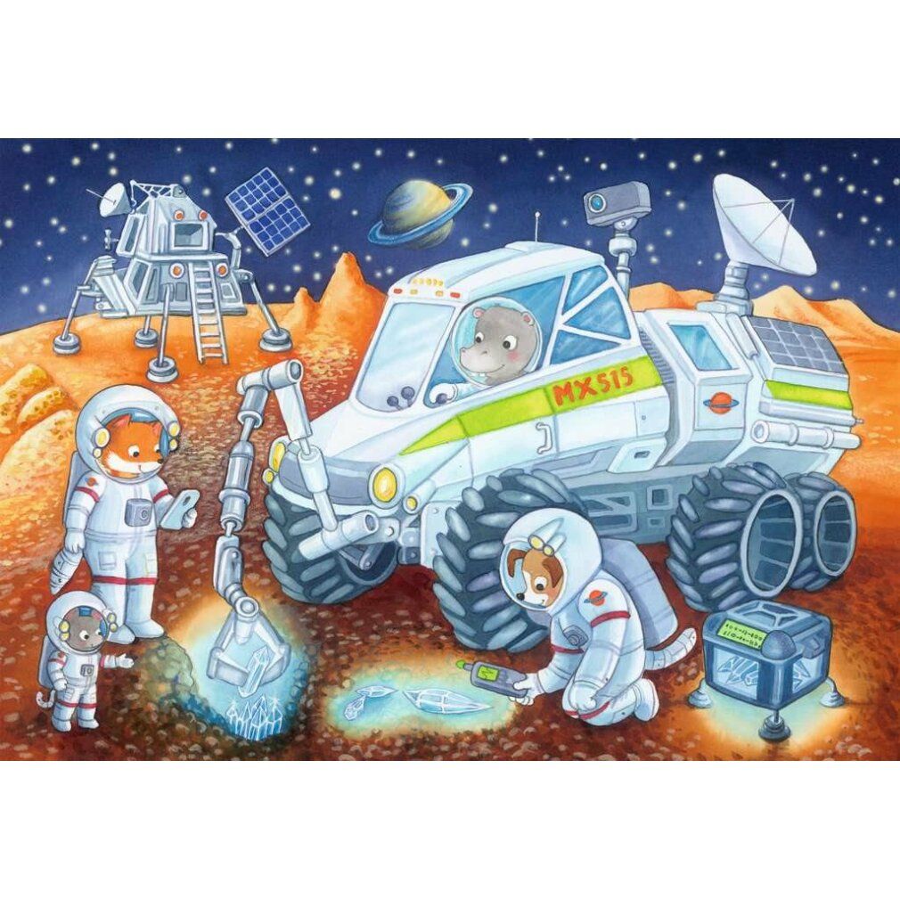 Puzzle con motivo spaziale. Animali astronauti esplorano un rover marziano. Paesaggio lunare sullo sfondo.