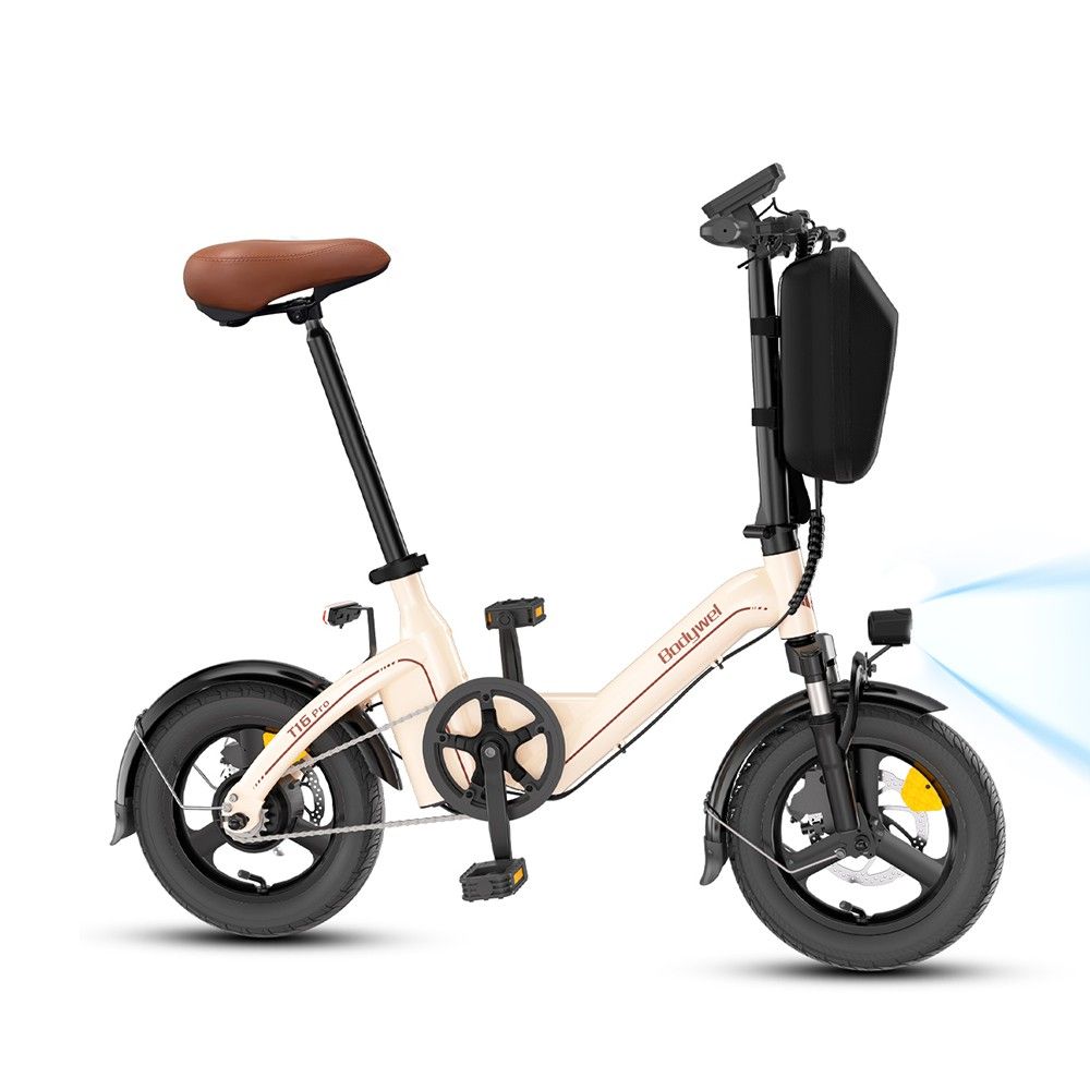E-bike pieghevole crema, sella marrone, elementi neri. Faro anteriore acceso. Scritta "Bodywel".
