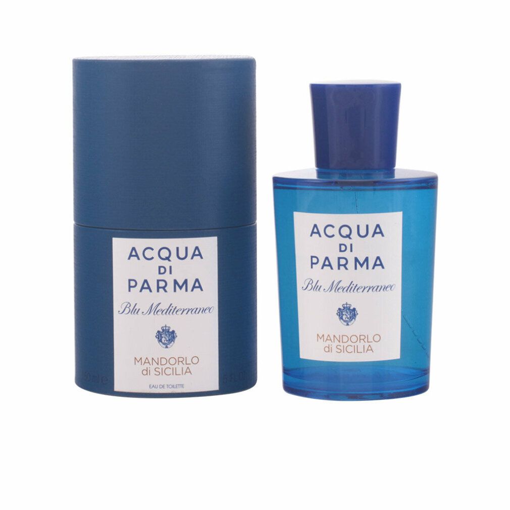 Flacone di profumo blu e confezione cilindrica. Scritta: Acqua di Parma Blu Mediterraneo Mandorlo di Sicilia.