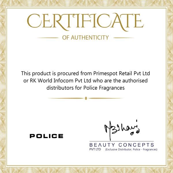 Certificato di autenticità per POLICE FRAGRANCES, rilasciato da BEAUTY CONCEPTS PVT LTD.