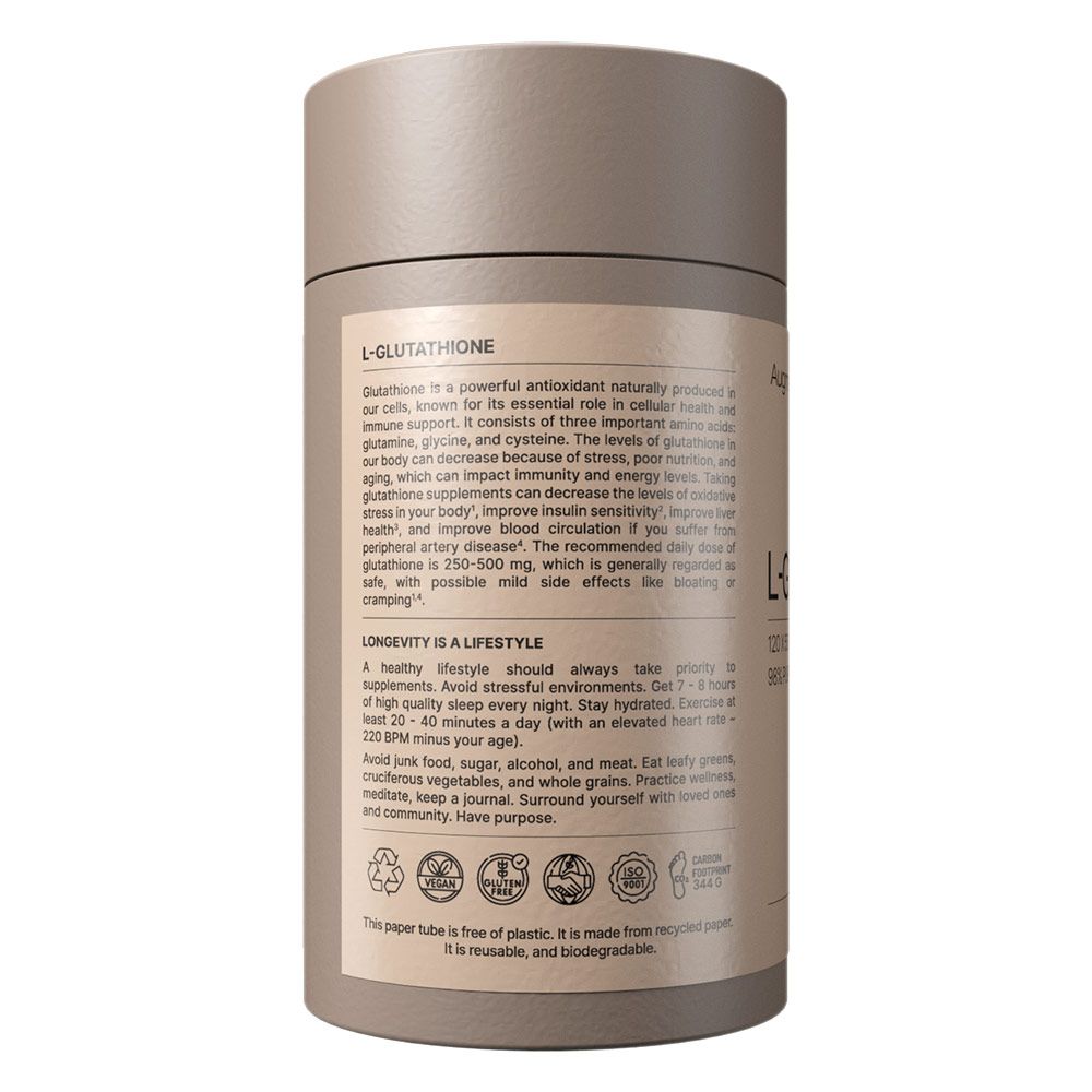 Tubo di cartone grigio con etichetta L-Glutatione e informazioni.