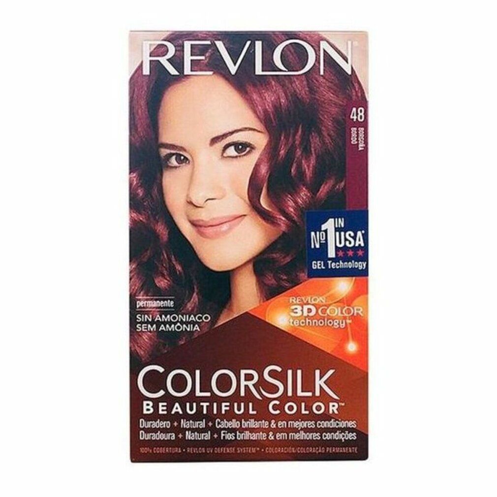 Scatola Revlon Colorsilk. Donna con capelli bordeaux. Contiene: Senza ammoniaca, tecnologia 3D Color, n. 1 negli USA.