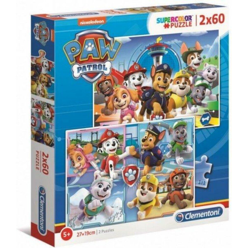 Puzzle Clementoni Paw Patrol, 2x60 pezzi. Confezione con motivi Paw Patrol. Per bambini dai 5 anni in su. Dimensioni: 27x19cm. Marchio Clementoni.