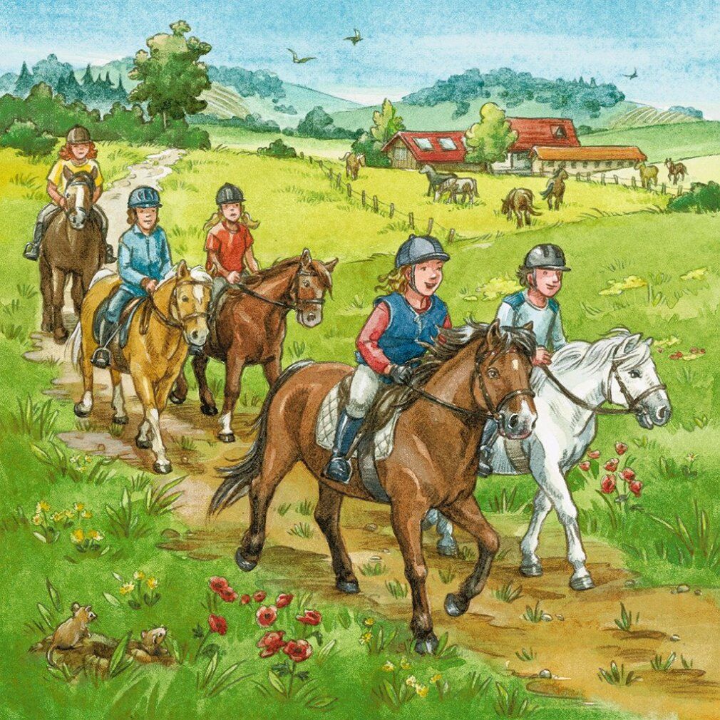 Pz. Mein Reiterhof 3x49T. Bambini a cavallo su un sentiero di campagna. Prato verde, alberi, case sullo sfondo.