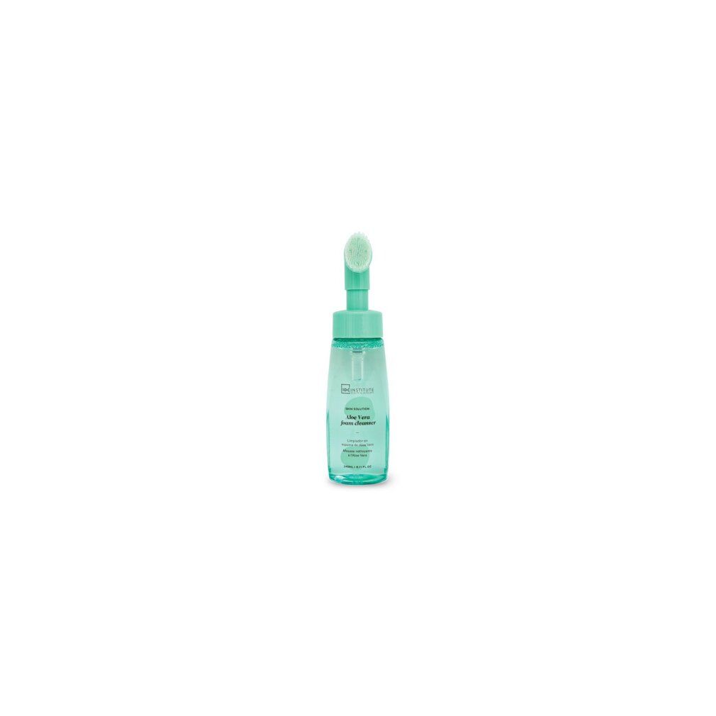 Mousse detergente all'Aloe Vera in flacone trasparente con erogatore verde e applicatore a spazzola.