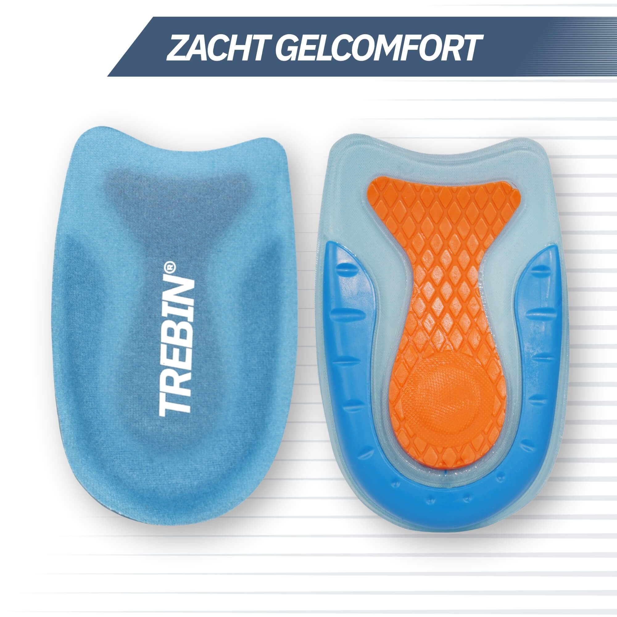Confezione "TREBIN GEL HIELKUSSENS" con due solette, una con inserto in gel arancione.