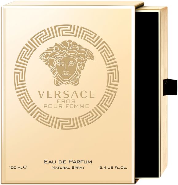 Confezione dorata. Scritta: VERSACE EROS POUR FEMME. Eau de Parfum, Natural Spray.