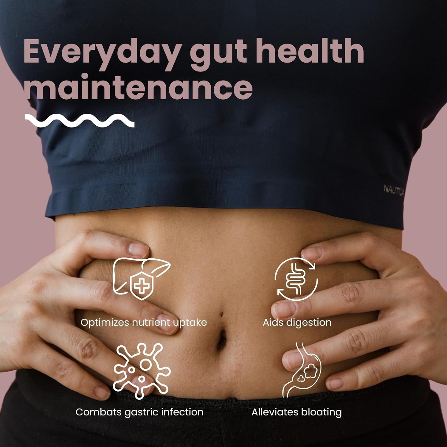 Pancia di una donna. Grafici che mostrano i benefici: ottimizza l'assorbimento dei nutrienti, favorisce la digestione, combatte le infezioni gastriche, ecc.