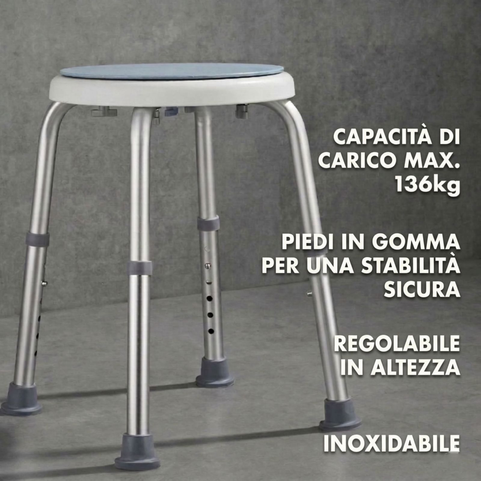 Sgabello doccia a 4 gambe. Capacità max. 136kg. Piedini in gomma. Regolabile in altezza. Inox.
