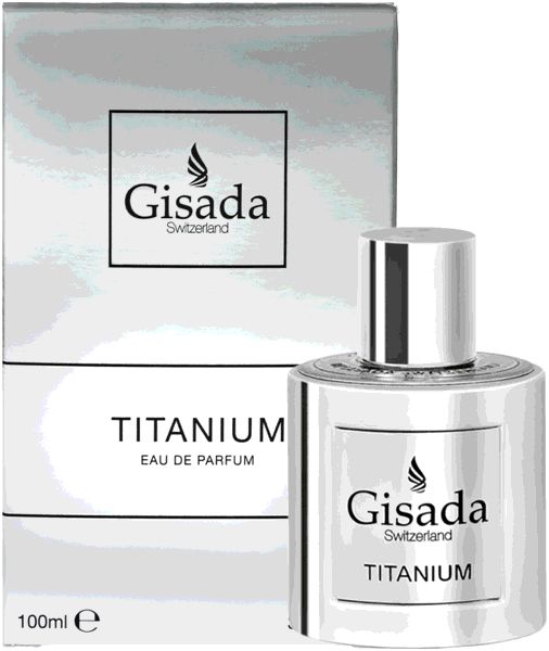 Flacone e confezione argentati. Scritta: Gisada, Titanium Eau de Parfum. Flacone con vaporizzatore.