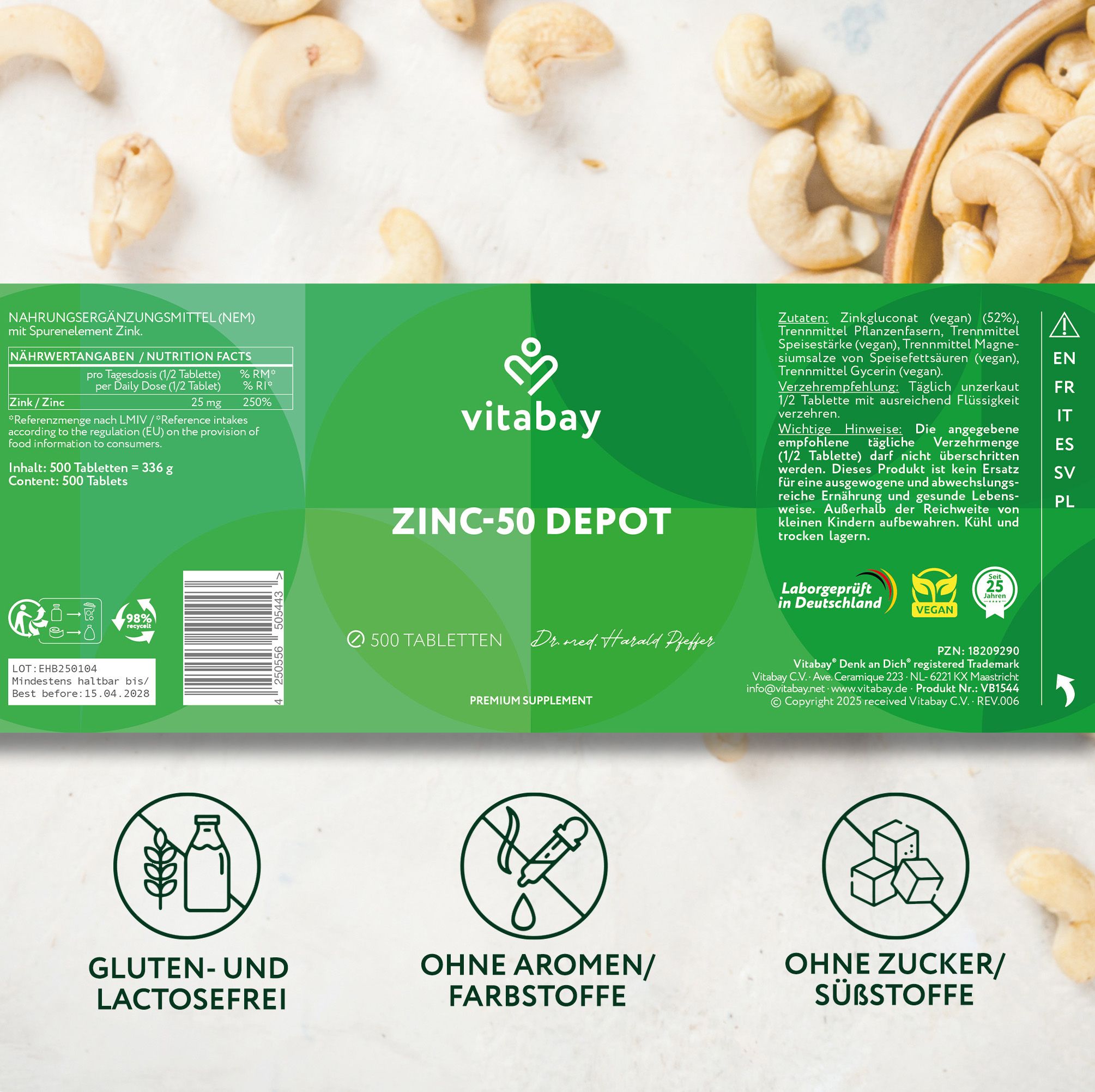 Retro della confezione "Vitabay Zinc-50 DEPOT". Contiene informazioni nutrizionali, certificazioni e loghi.