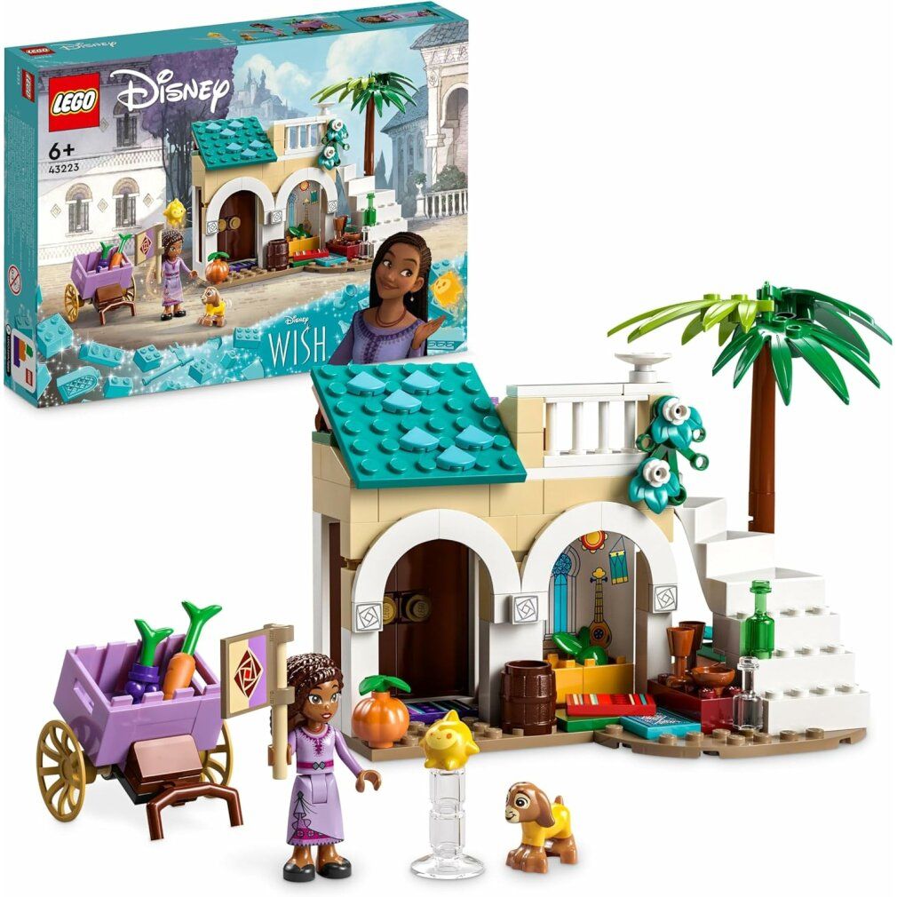 LEGO Disney Wish 43223. Set con mini bambolina Asha, edificio, carretto, animali e accessori. Confezione sullo sfondo.