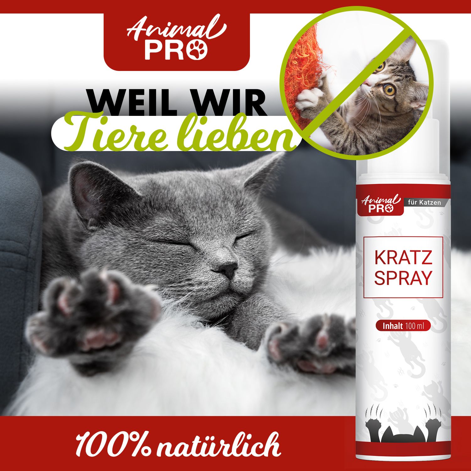 Flacone spray con etichetta rossa. Testo: Animal Pro, Kratz Spray. Gatto rilassato. Scritta: 100% naturale.