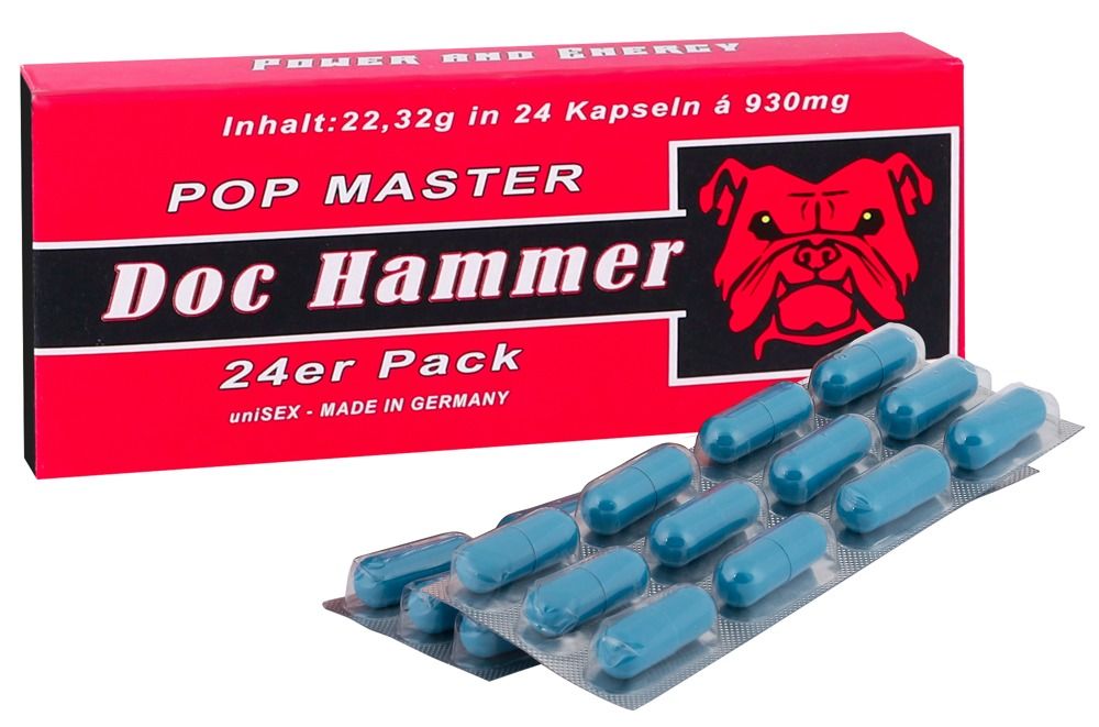 Scatola rossa "Doc Hammer - Pop Master" con logo bulldog. Mostra blister con capsule blu.